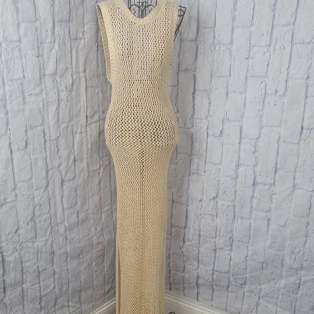 Olivaceous Cream‎ Open9 Knit Crochet Maxi Sleeveless Boho Dress Large NWT
